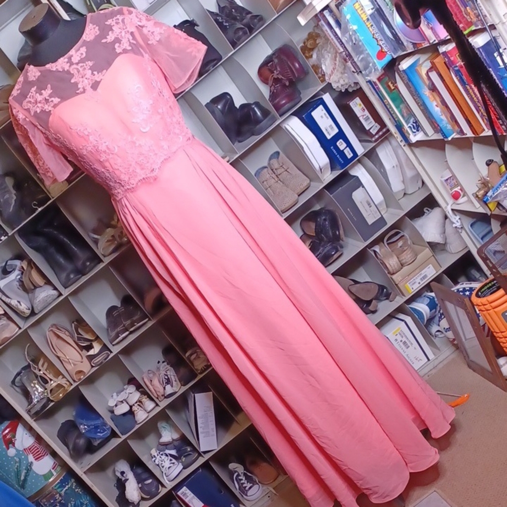 New Wedding Dress Coral Pink Embellished Ruffled Maxi Gown dress size 12